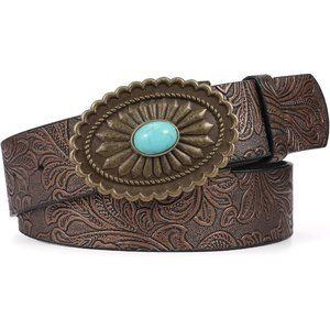 Women's Western Leather Belt Vintage Buckle Belt Cowgirl Leather Belt-F Coffee